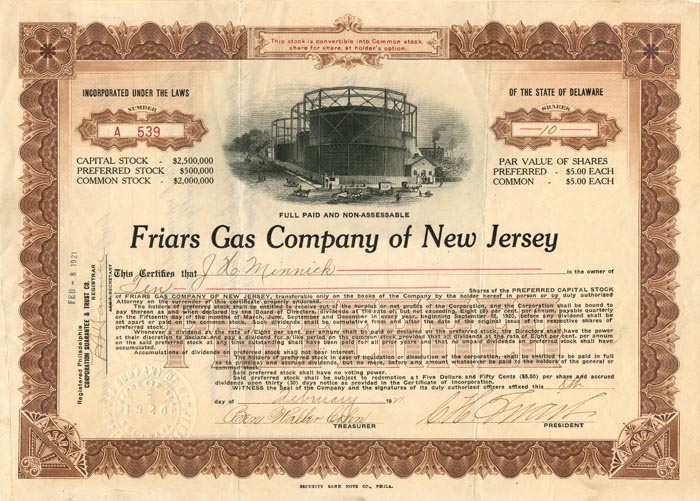Friars Gas Co. of New Jersey - Stock Certificate